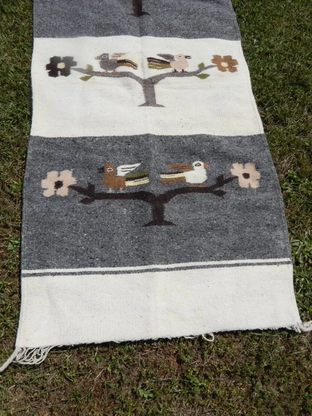 Hand Woven Wool Mexico Wrap Wall Hanging Tapestry Rug Fringe Birds Table 61X26